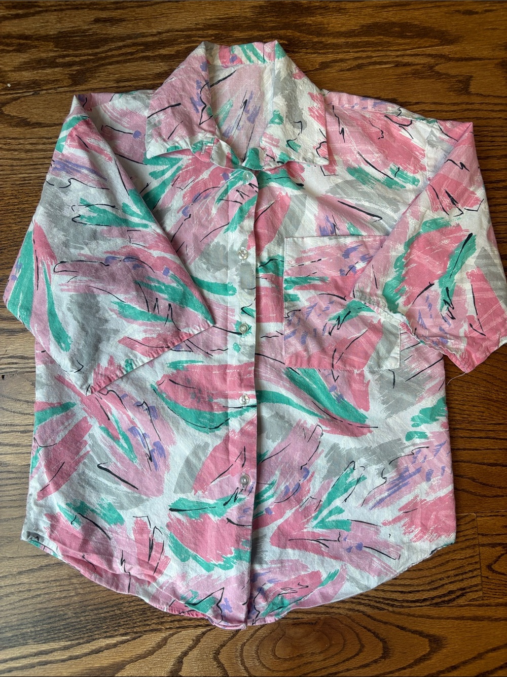 Women’s Short Sleeve Button-Up Shirt Pink & Green Abstract Print 80s Medium